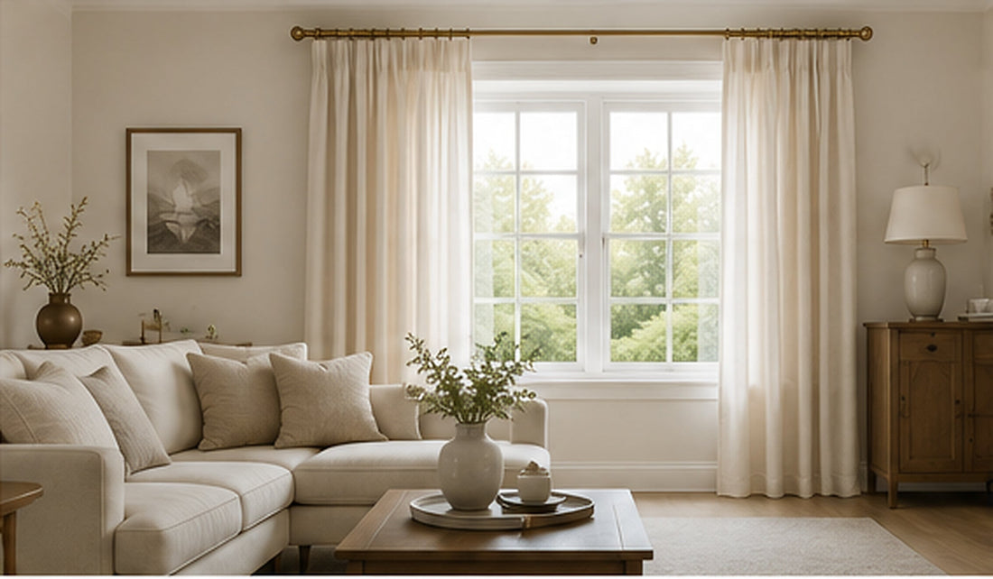 Full height curtains hung close to the ceiling