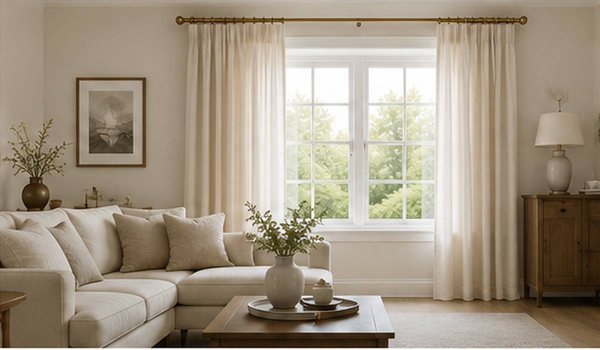 Full height curtains hung close to the ceiling