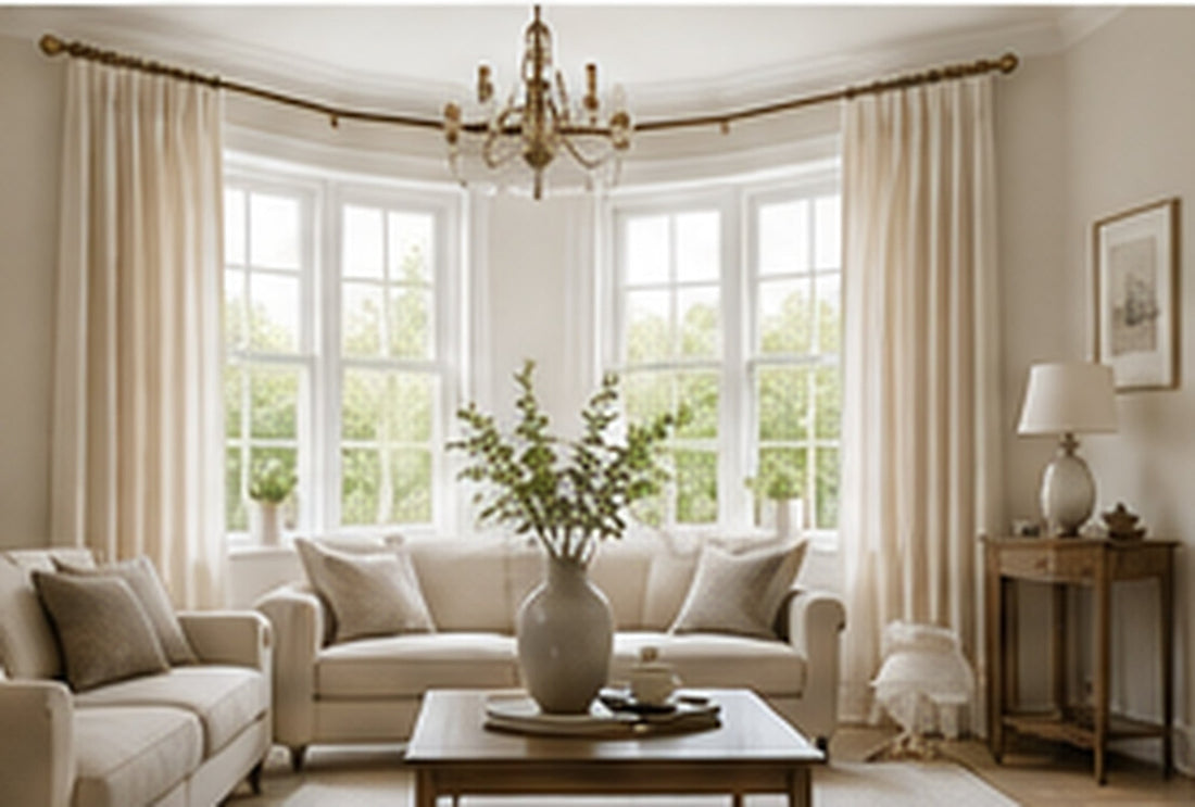 Bay window with curtains at each face