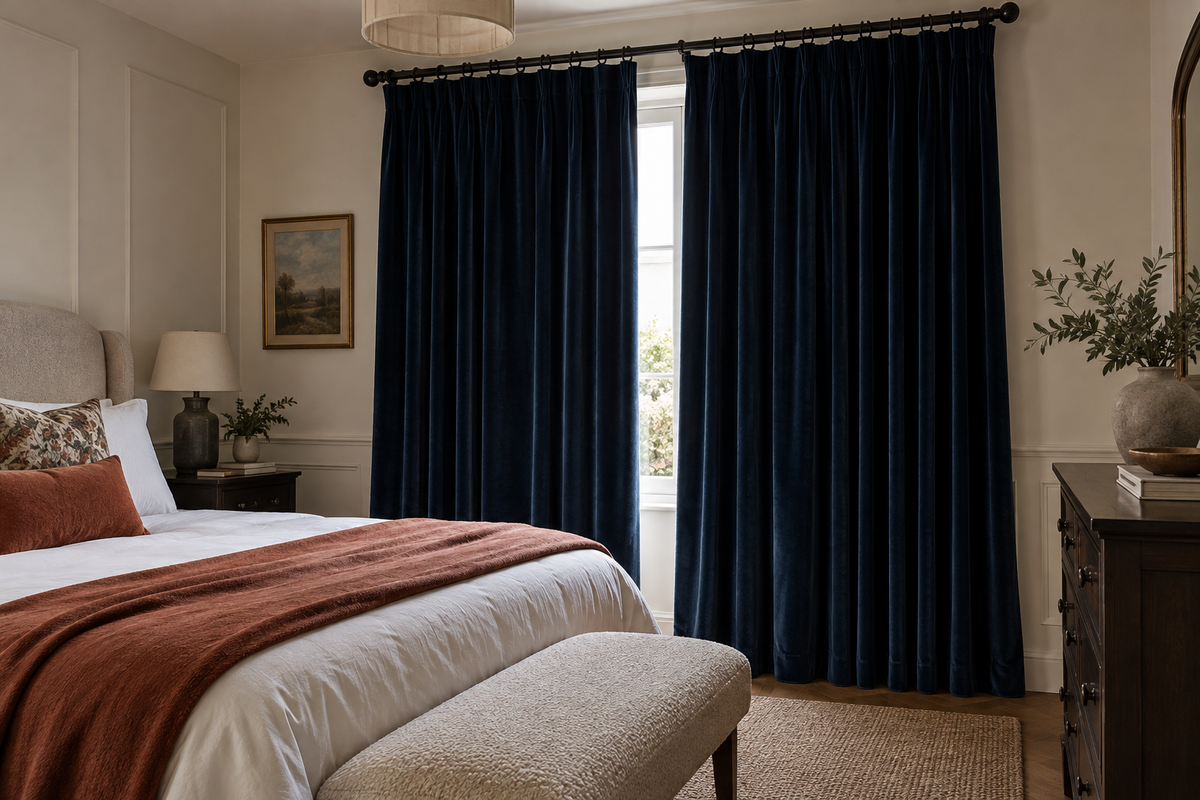 Modern bedroom with soft full-length curtains and a decorative curtain pole