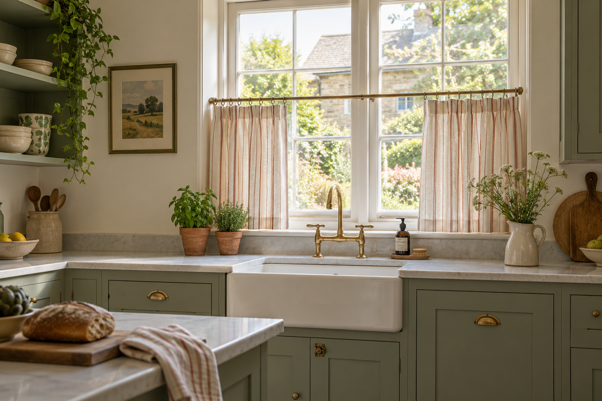 Classic kitchen window dressed with full-length curtains