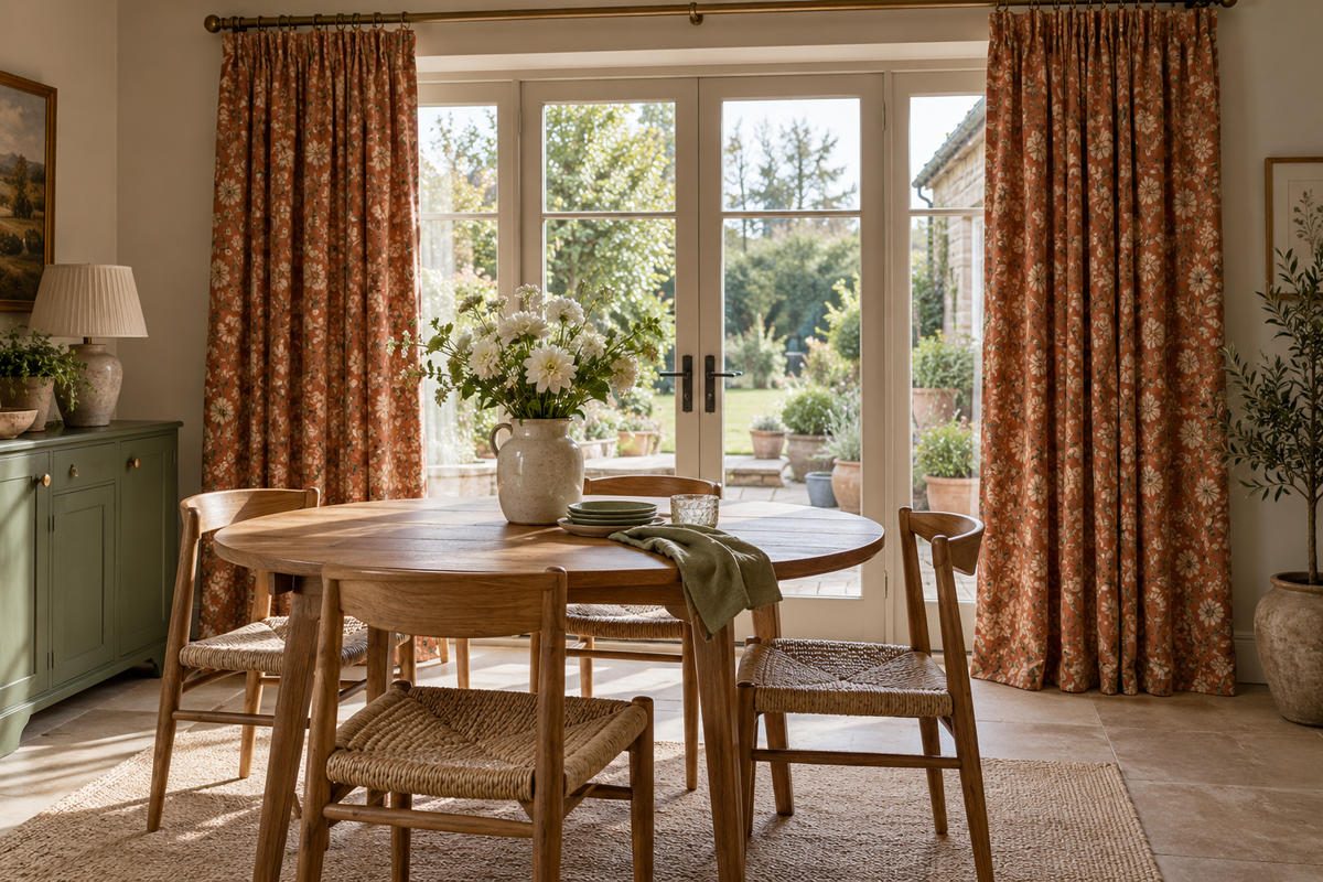 Dining room window dressed with full-length curtains