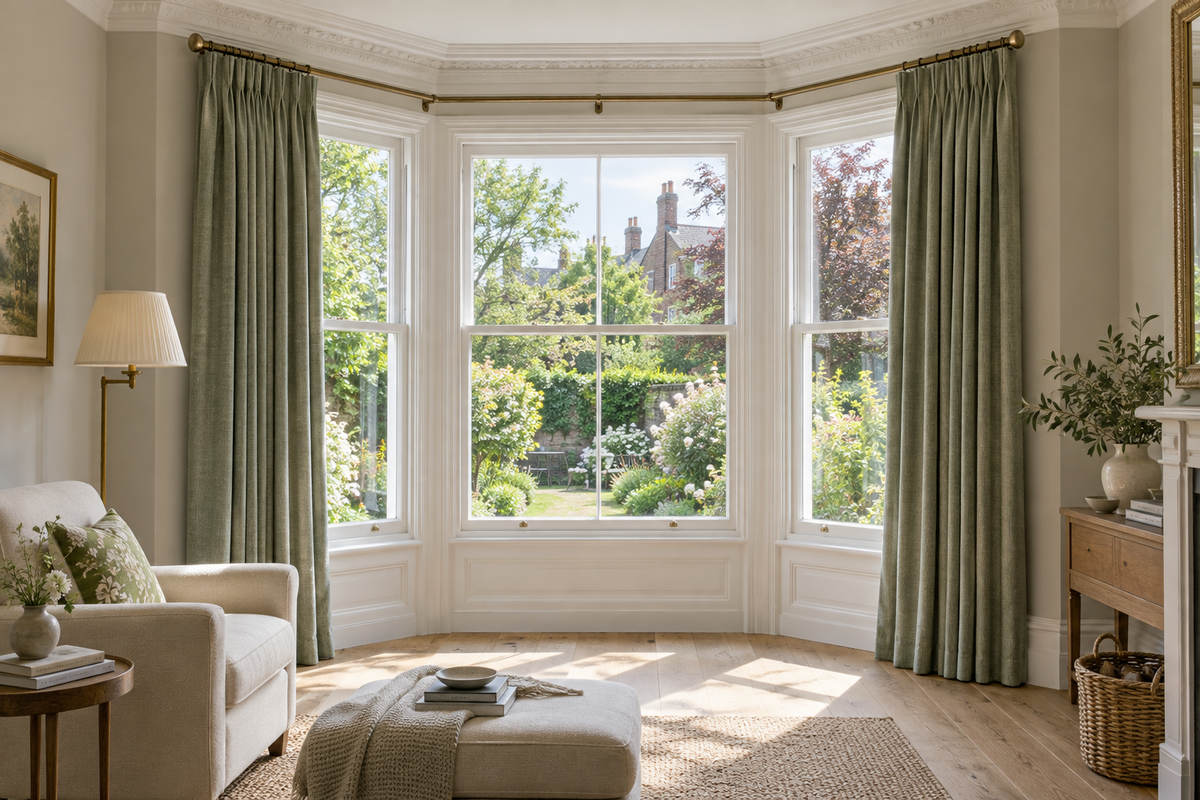 Traditional bay window dressed with curtains on a decorative pole